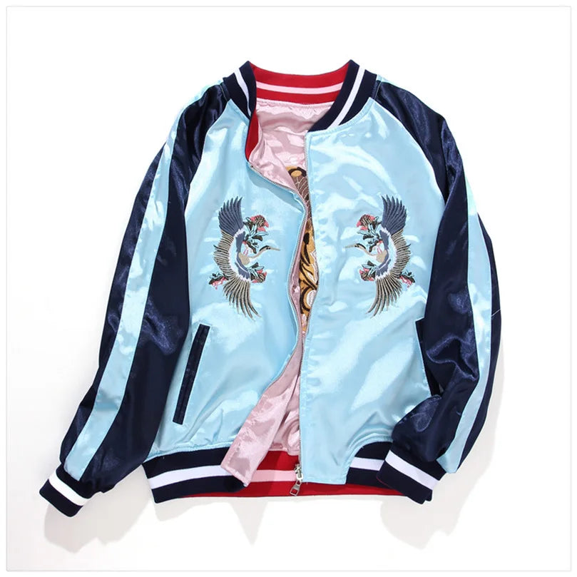 Double Sided Satin Baseball Jacket Women Sukajan Bomber Jacket Female Girls Embroidery Coat 2025 Spring Autumn Pink