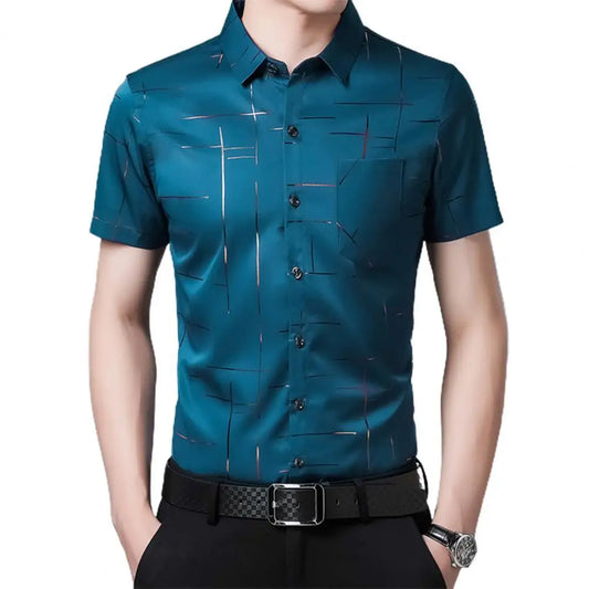 Formal Dress Shirt Men Short Sleeve Fashion Stripe Print Button