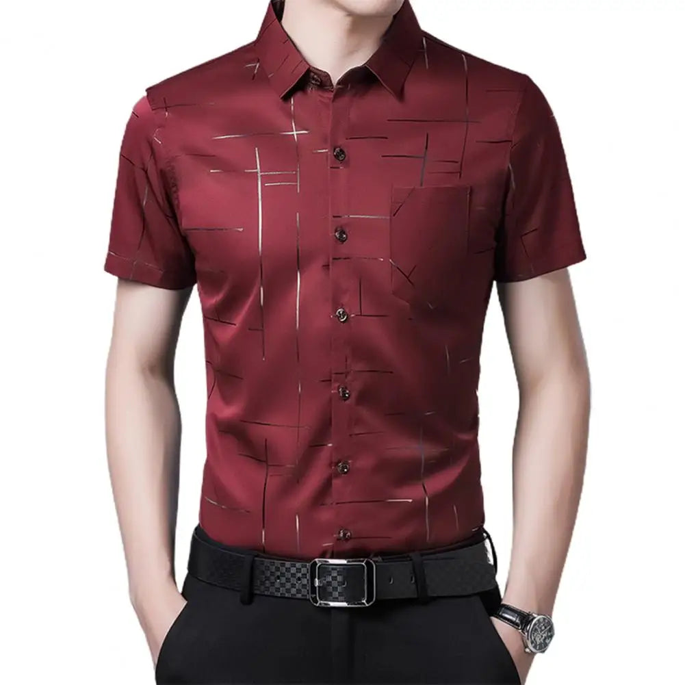 Formal Dress Shirt Men Short Sleeve Fashion Stripe Print Button