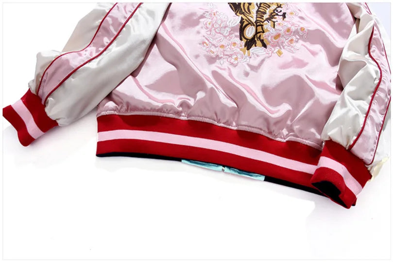 Double Sided Satin Baseball Jacket Women Sukajan Bomber Jacket Female Girls Embroidery Coat 2025 Spring Autumn Pink