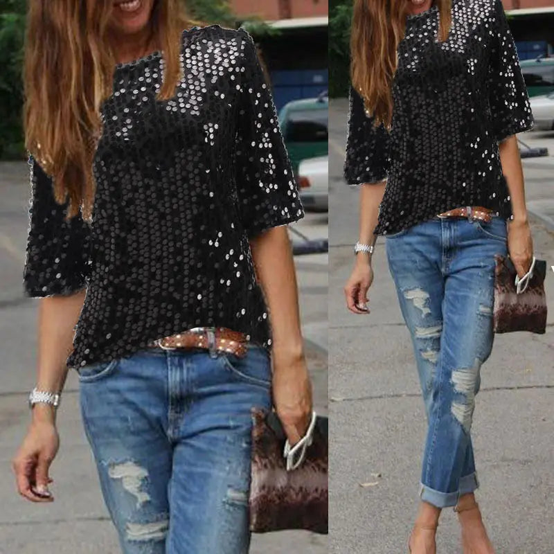 Summer Explosion Sequined T-shirt  Glitter Solid Loose Tops Pullover  Ladies T Shirts