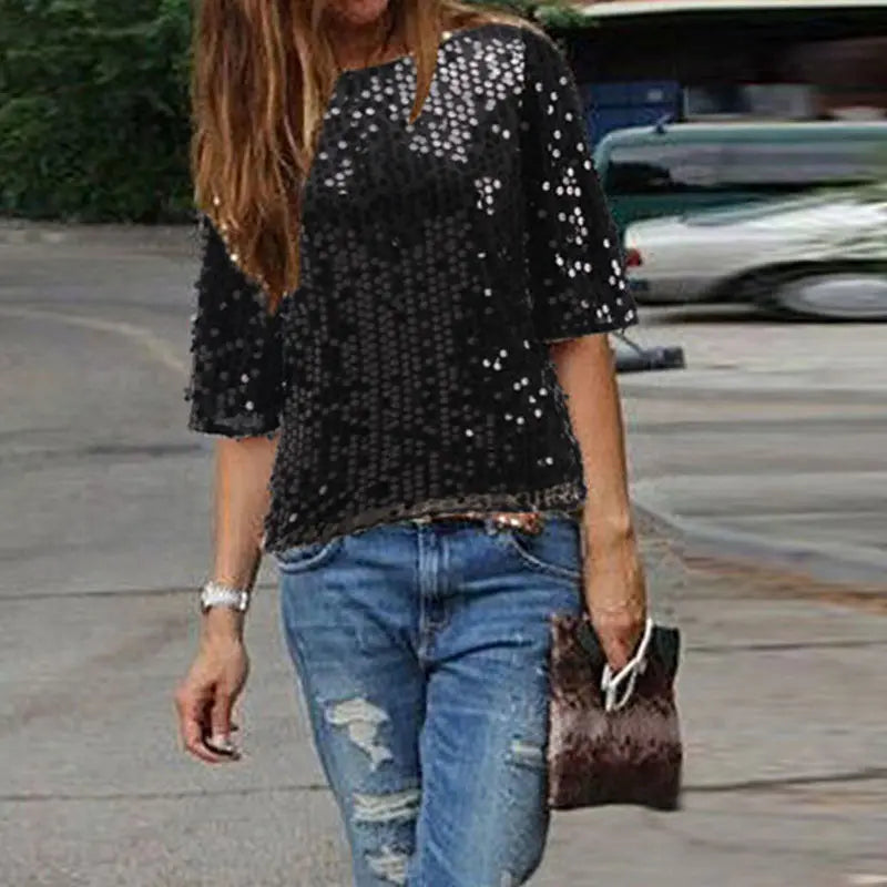 Summer Explosion Sequined T-shirt  Glitter Solid Loose Tops Pullover  Ladies T Shirts