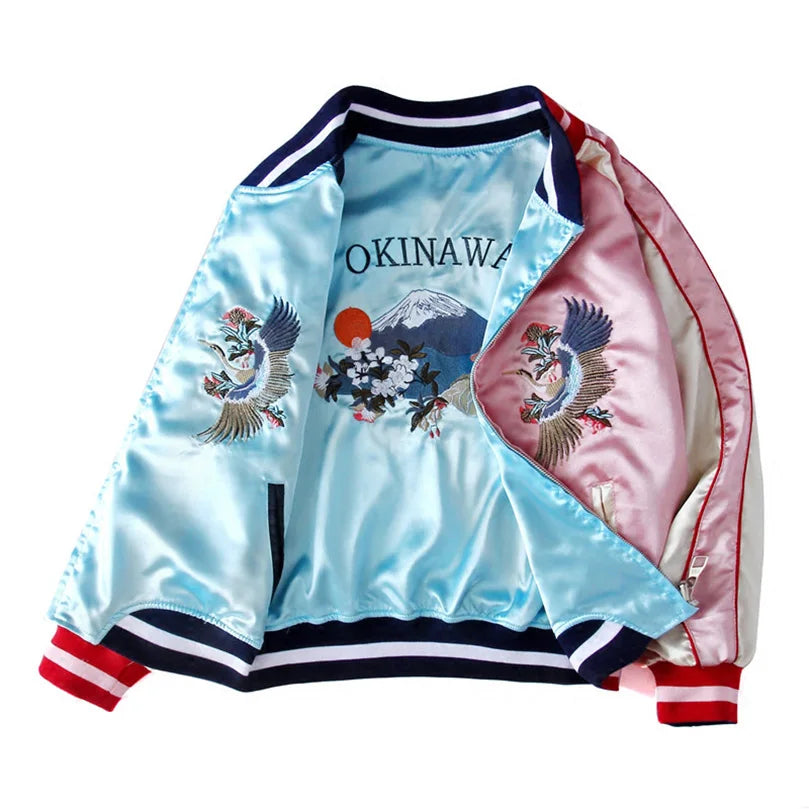 Double Sided Satin Baseball Jacket Women Sukajan Bomber Jacket Female Girls Embroidery Coat 2025 Spring Autumn Pink