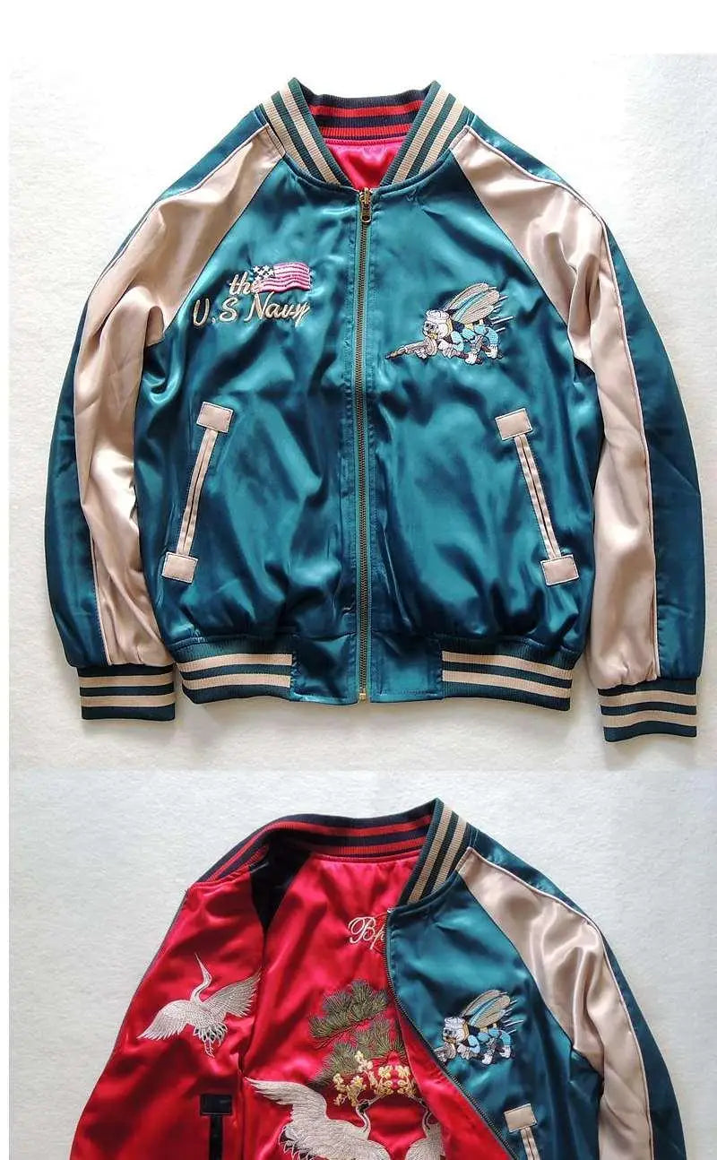 Harajuku Lovers Couples Bees Embroidery Reversible Jacket Faux Silk Baseball Satin Bomber Jacket Spring Double-sided Streetwear