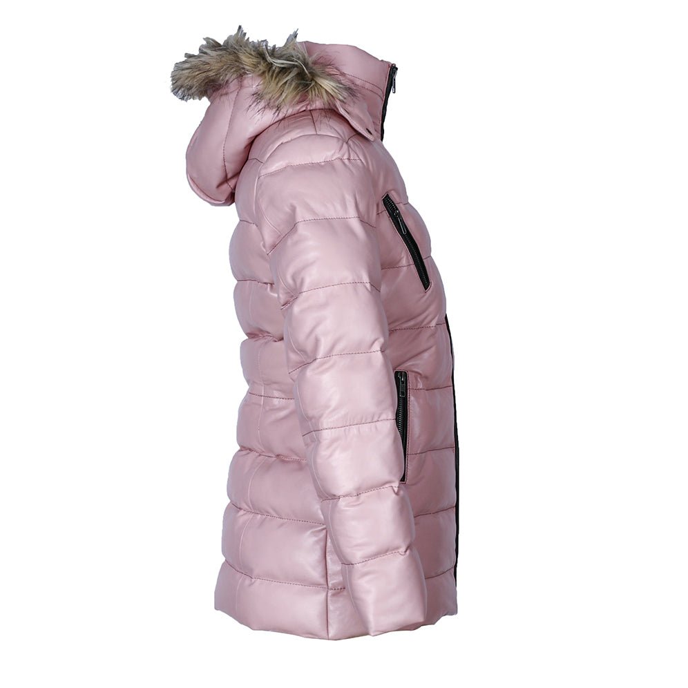 Womens Selina Puffer Leather Jacket with Fur Hoodie (Pink)-2