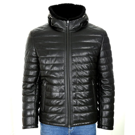 Mens Mason Puffer Leather Jacket with Fur Hoodie-0