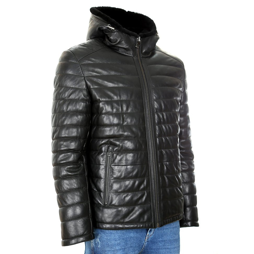 Mens Mason Puffer Leather Jacket with Fur Hoodie-1