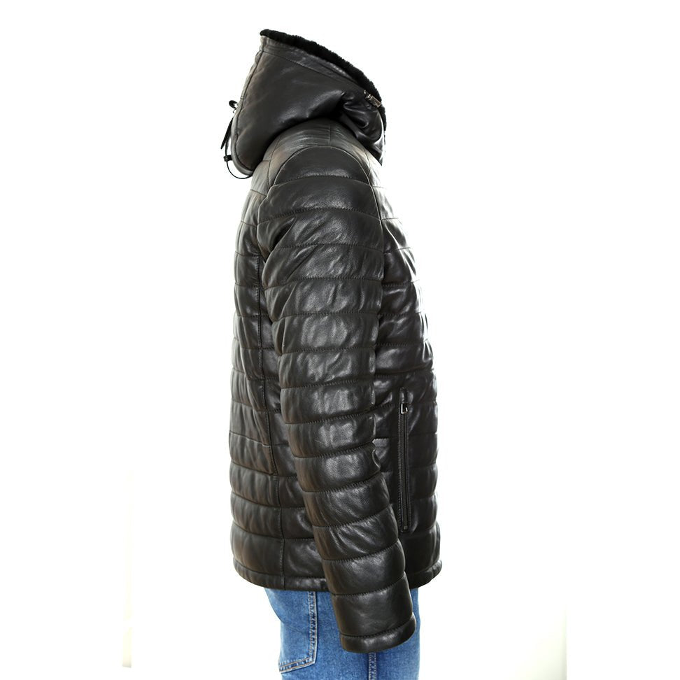 Mens Mason Puffer Leather Jacket with Fur Hoodie-2