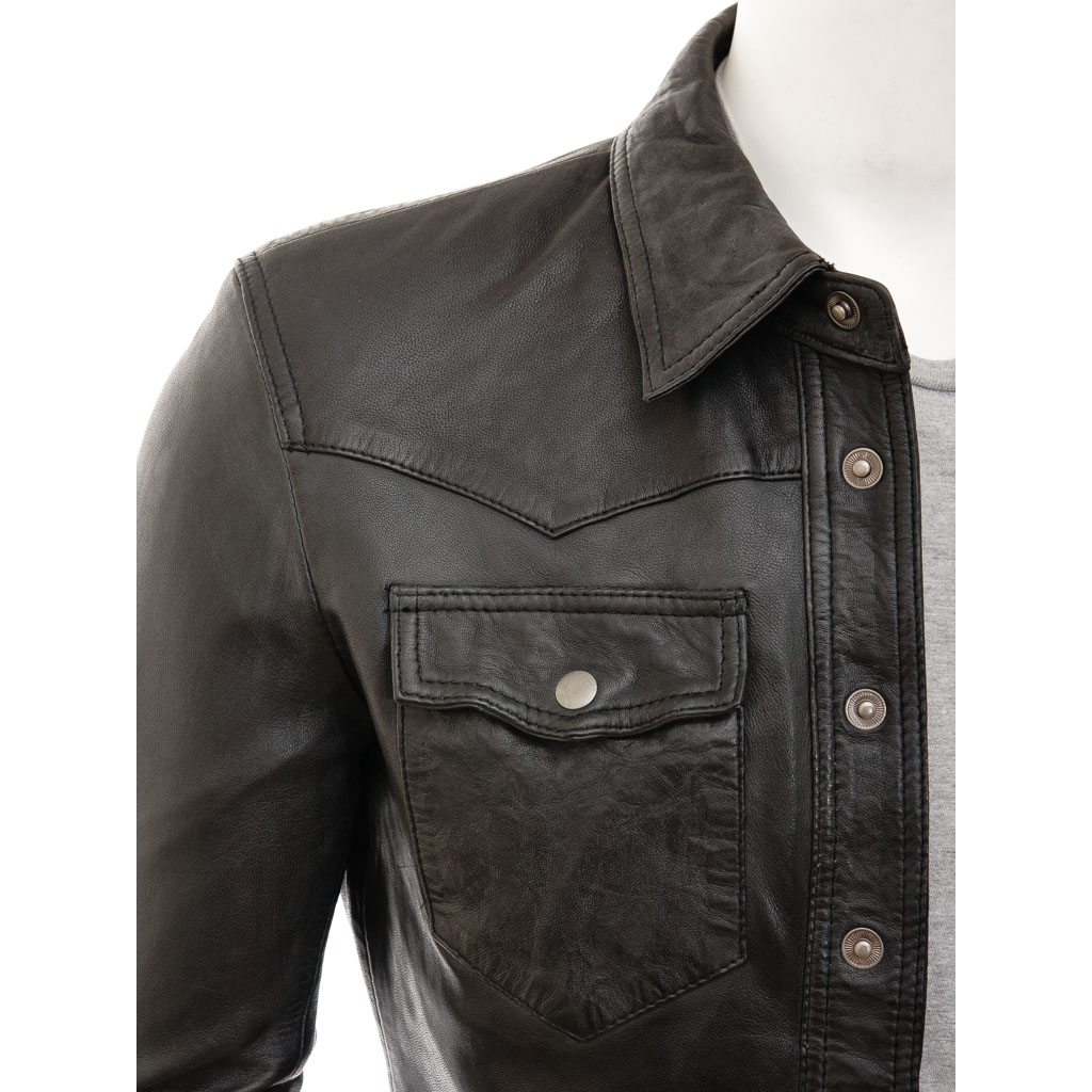 MEN'S CLASSIC BLACK LEATHER SHIRT: HERMON-4