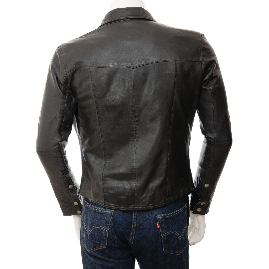 MEN'S CLASSIC BLACK LEATHER SHIRT: HERMON-1