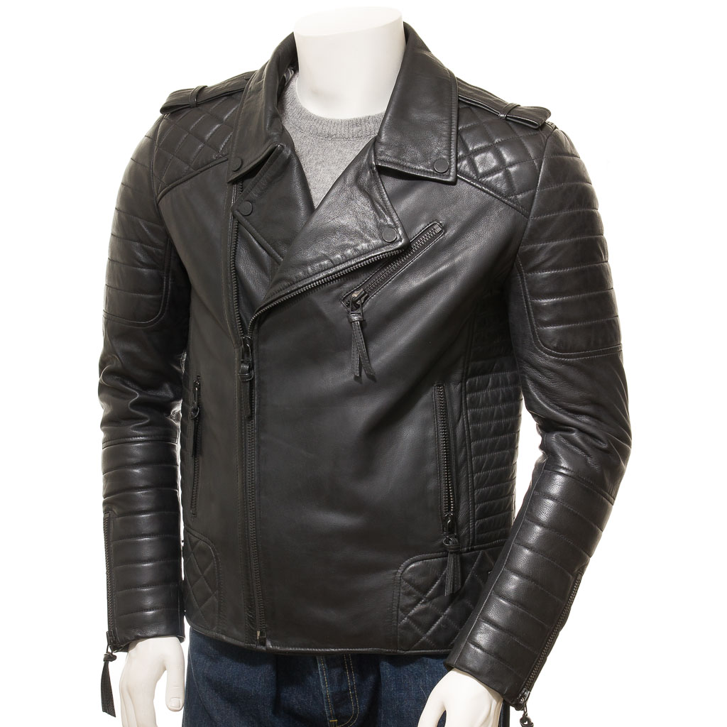 MEN'S BLACK LEATHER BIKER JACKET: NICHOLS-0