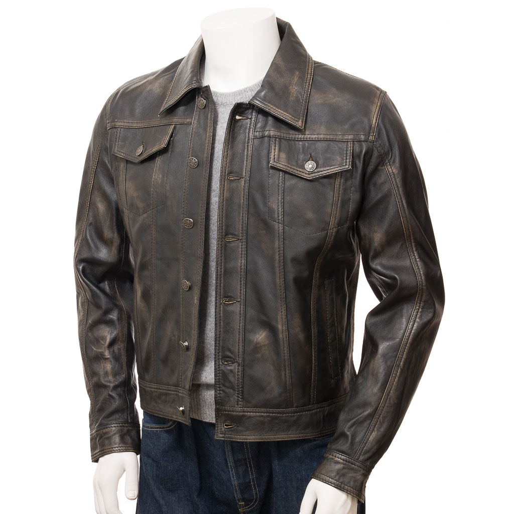 MEN'S LEATHER TRUCKER JACKET IN VINTAGE: PIKE-0