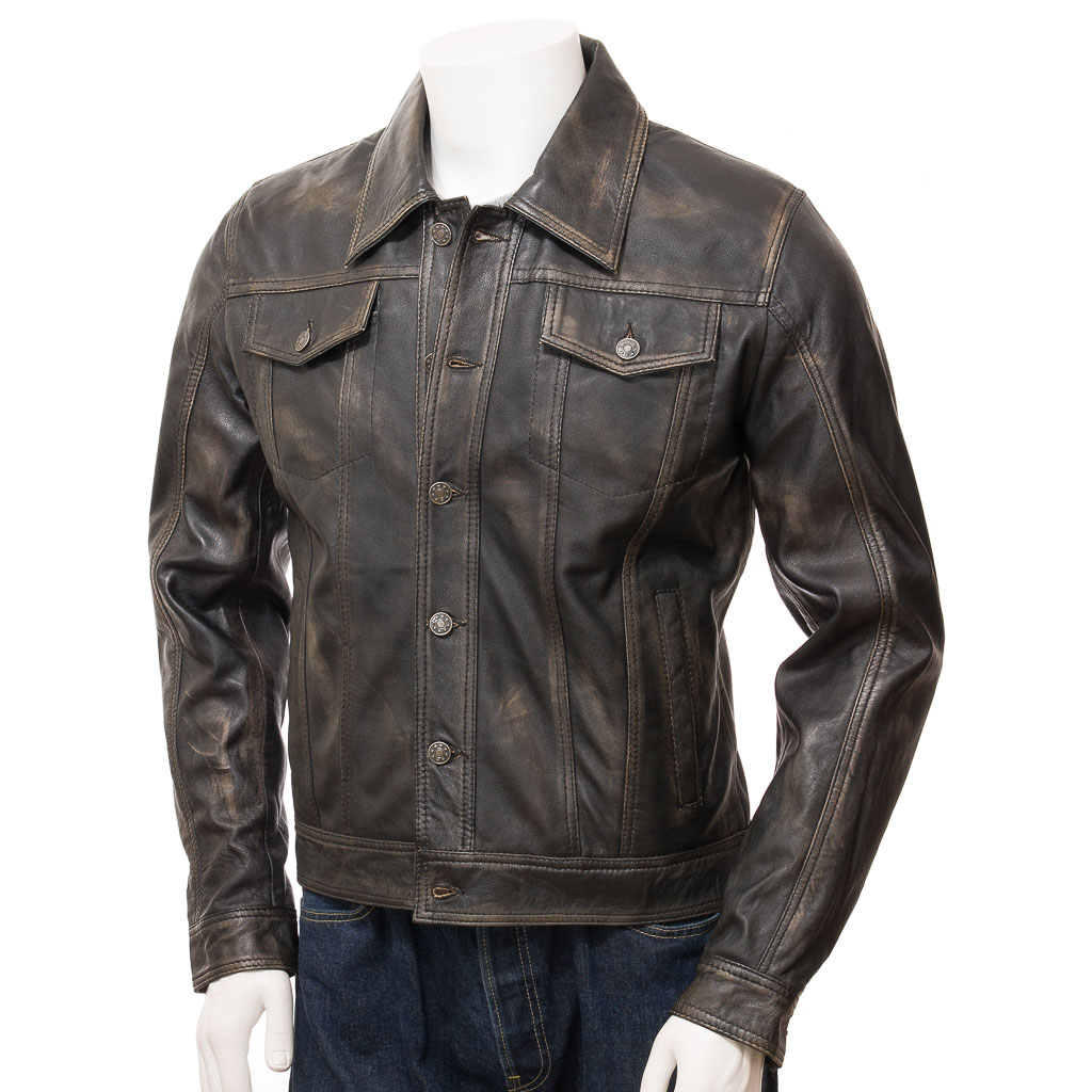 MEN'S LEATHER TRUCKER JACKET IN VINTAGE: PIKE-1