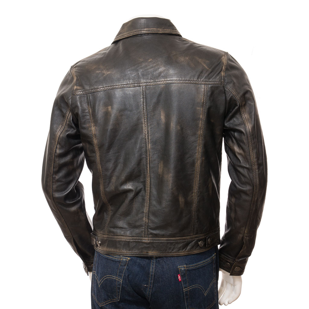 MEN'S LEATHER TRUCKER JACKET IN VINTAGE: PIKE-2