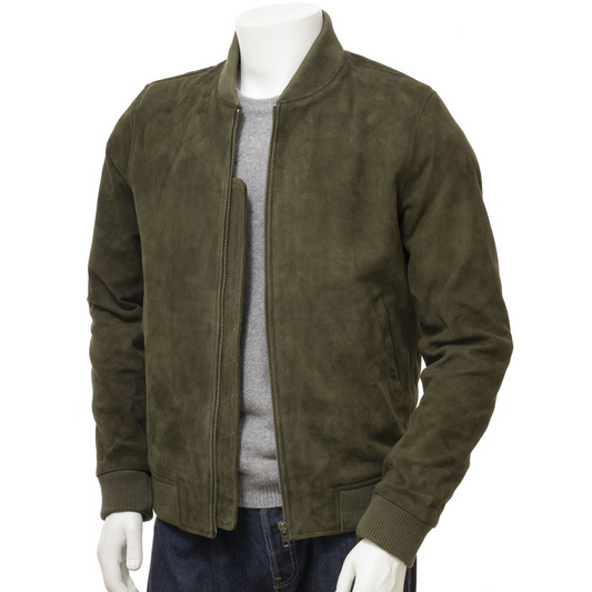 MEN'S OLIVE SUEDE BOMBER JACKET: BERKSHIRE-0