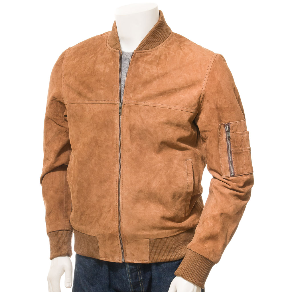 MEN'S TAN SUEDE BOMBER JACKET: BOLIVAR-1