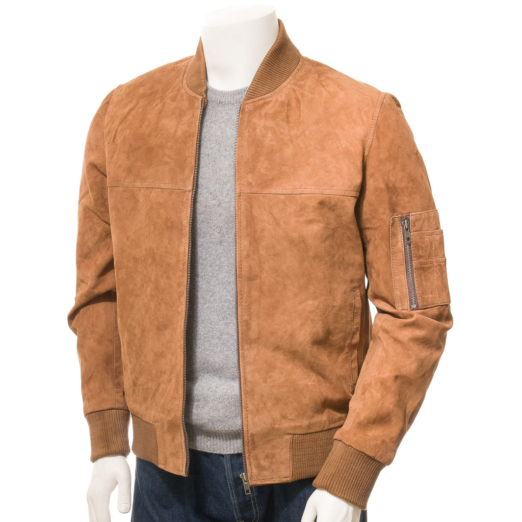 MEN'S TAN SUEDE BOMBER JACKET: BOLIVAR-0