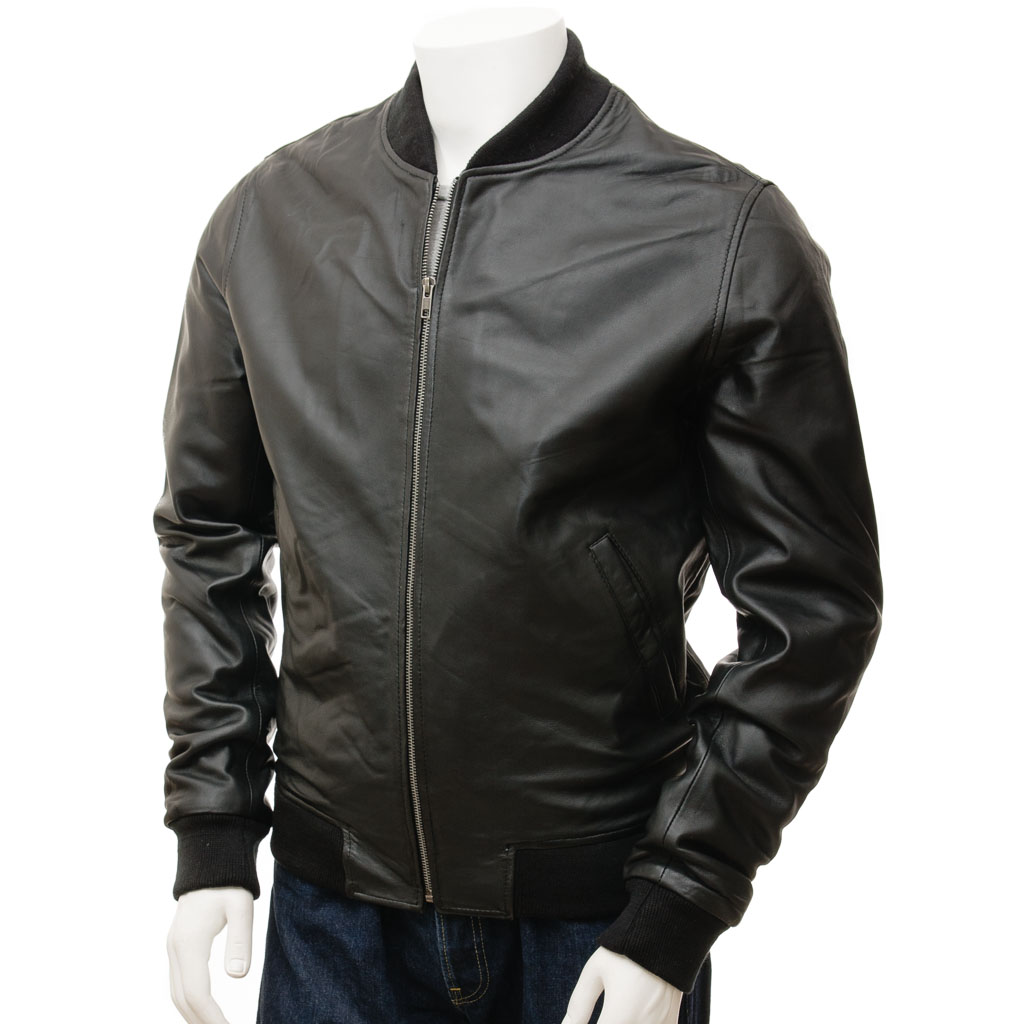 MEN'S BLACK LEATHER BOMBER JACKET: BOSTON-1