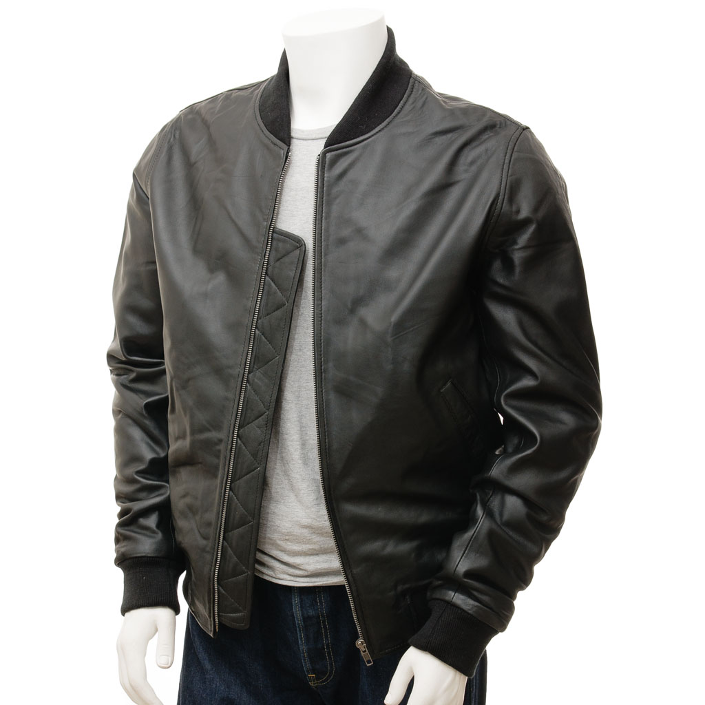 MEN'S BLACK LEATHER BOMBER JACKET: BOSTON-0