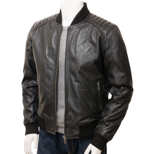 MEN'S BLACK LEATHER BOMBER JACKET: BRANDON-0