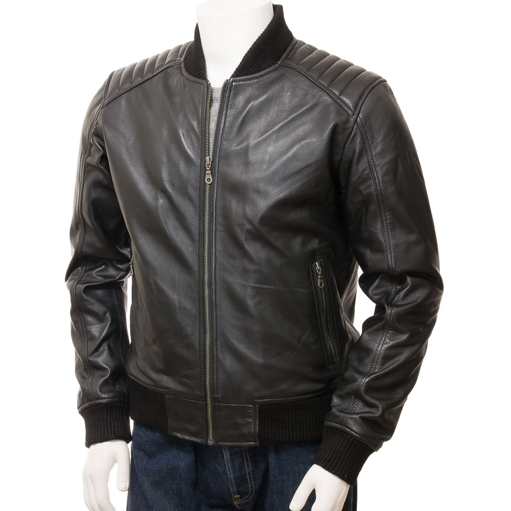 MEN'S BLACK LEATHER BOMBER JACKET: BRANDON-1