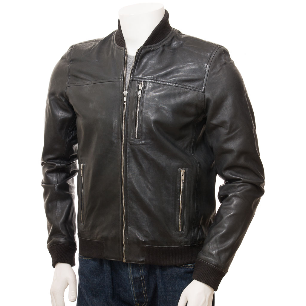 MEN'S BLACK LEATHER BOMBER JACKET: BRASHER-0