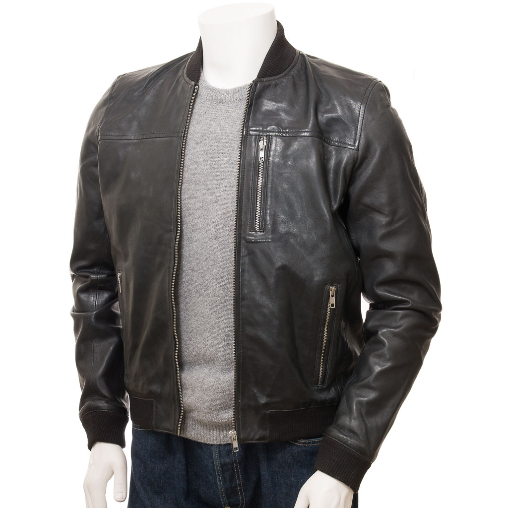 MEN'S BLACK LEATHER BOMBER JACKET: BRASHER-1