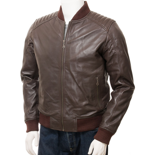 MEN'S BROWN LEATHER BOMBER JACKET: BRUTUS-0