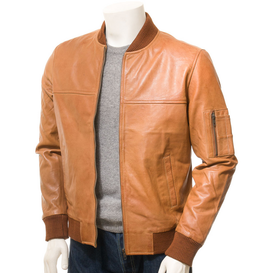 MEN'S TAN LEATHER BOMBER JACKET: BURNS-0