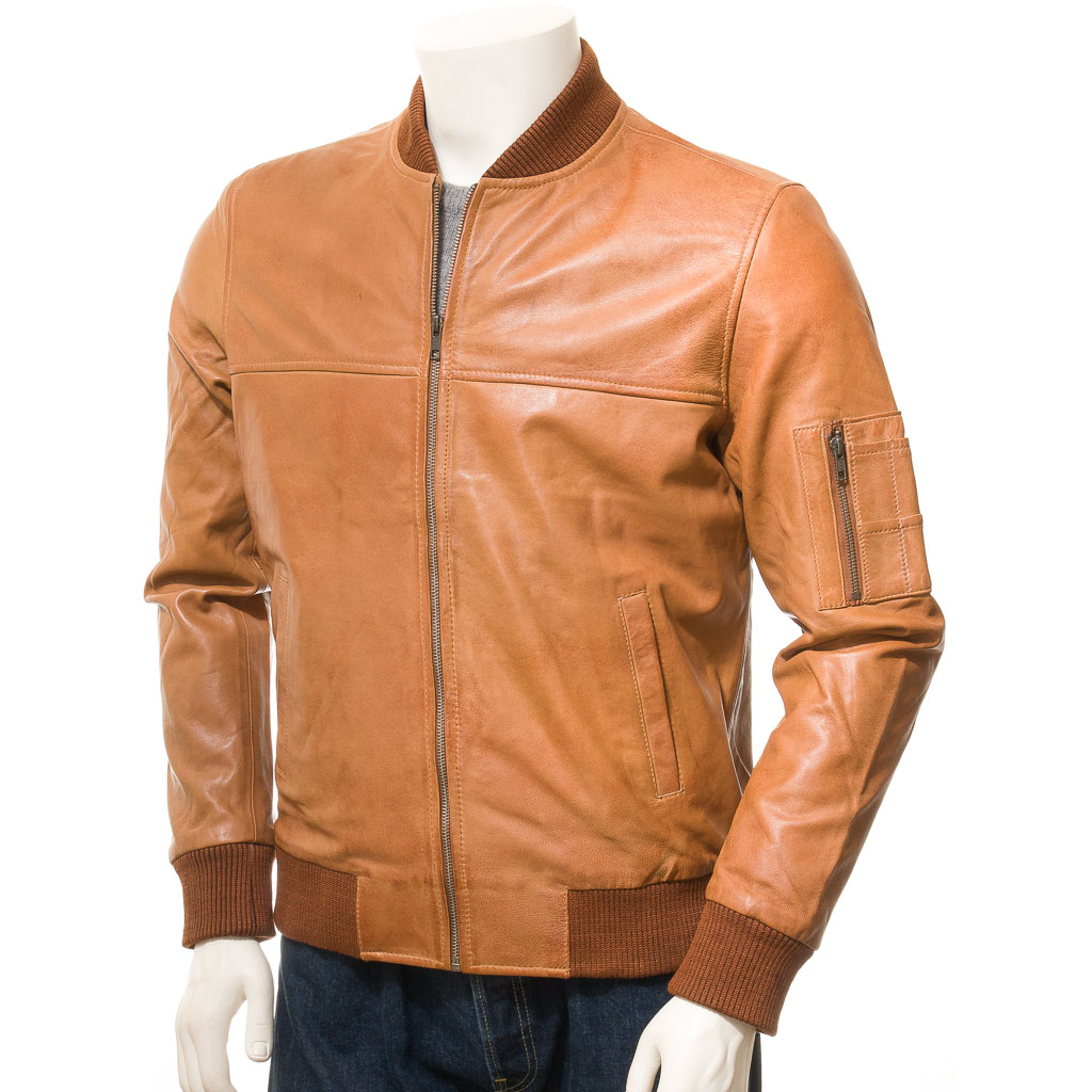 MEN'S TAN LEATHER BOMBER JACKET: BURNS-1