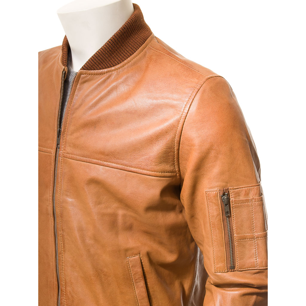 MEN'S TAN LEATHER BOMBER JACKET: BURNS-3