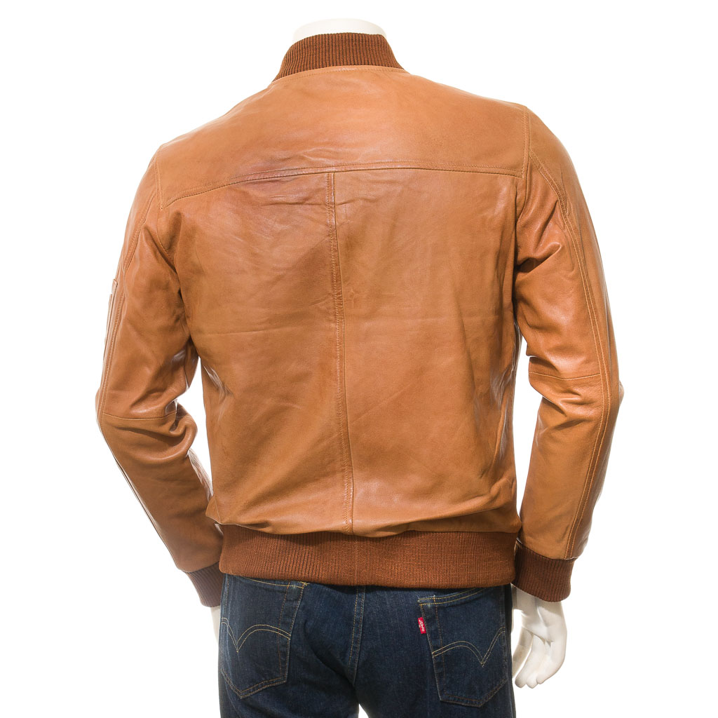 MEN'S TAN LEATHER BOMBER JACKET: BURNS-2