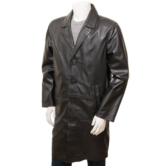 MEN'S CLASSIC BLACK LEATHER OVERCOAT: CAMBRIDGE-0