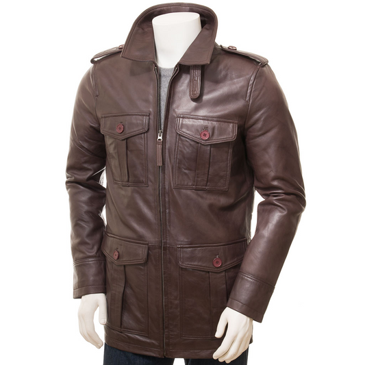 MEN'S BROWN LEATHER COAT: CARROLL-0