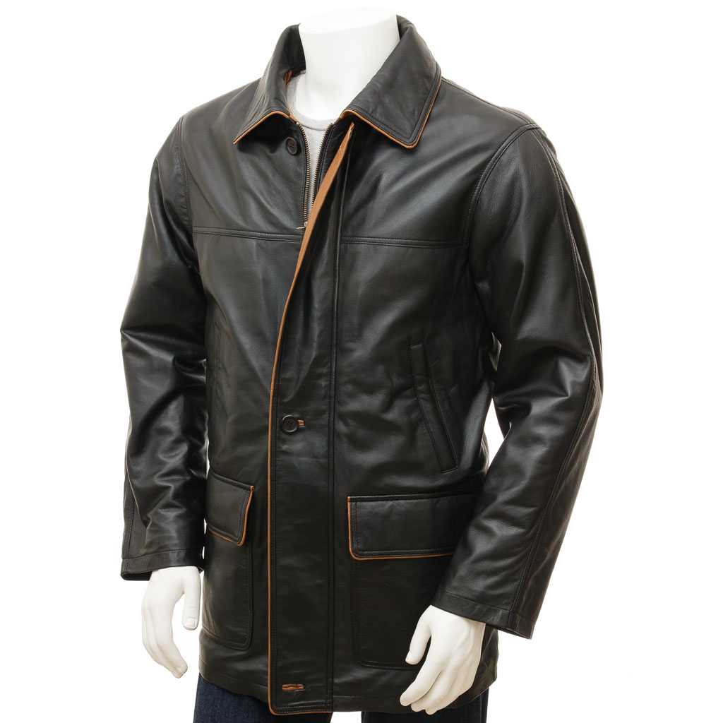 MEN'S CLASSIC BLACK LEATHER COAT: CATON-0