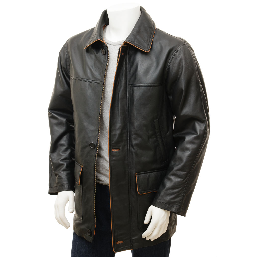 MEN'S CLASSIC BLACK LEATHER COAT: CATON-1