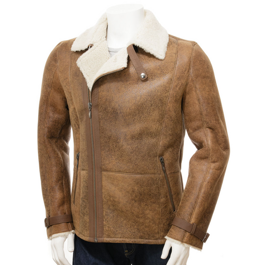 MEN'S SHEEPSKIN BIKER JACKET IN TAN: EASTON-0