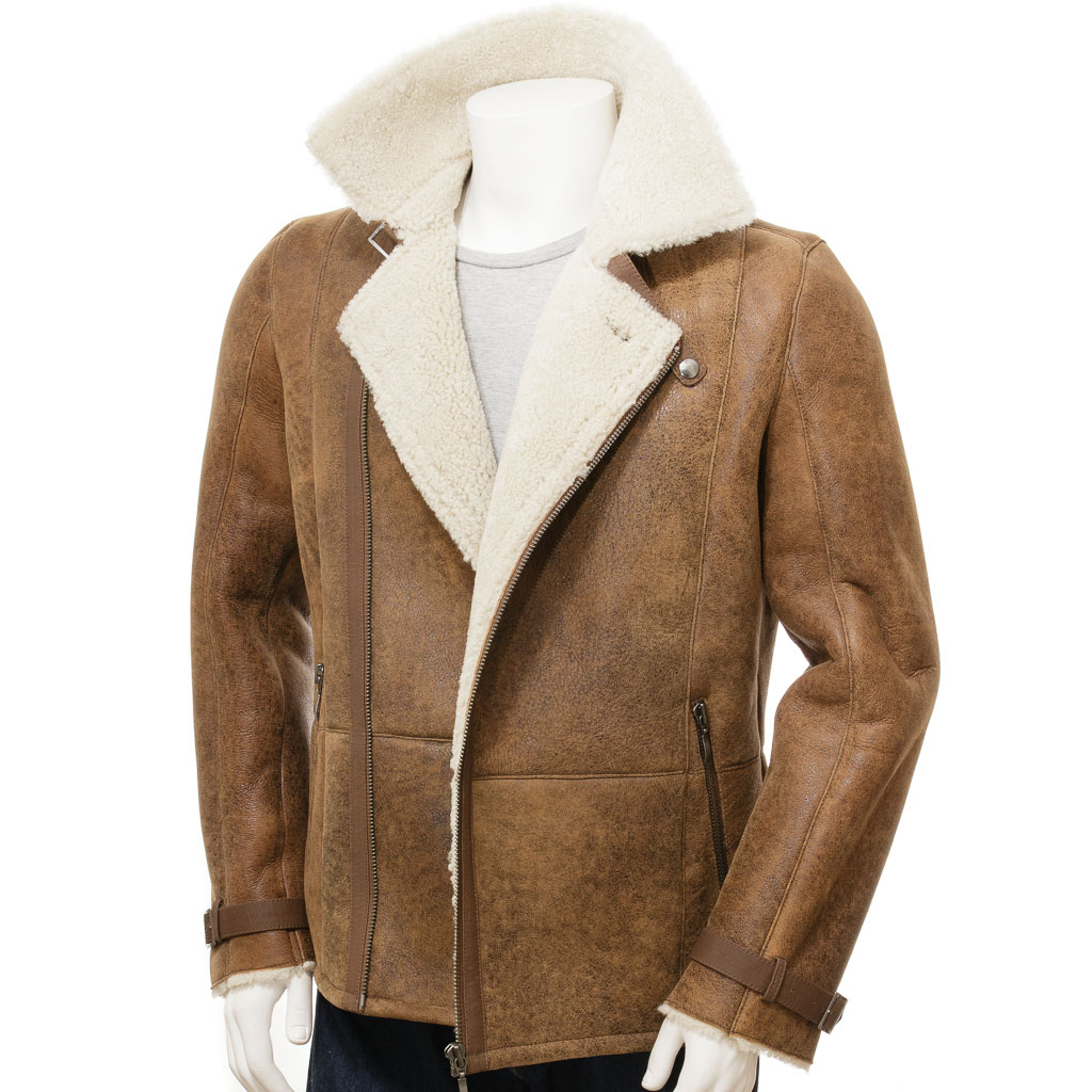 MEN'S SHEEPSKIN BIKER JACKET IN TAN: EASTON-1