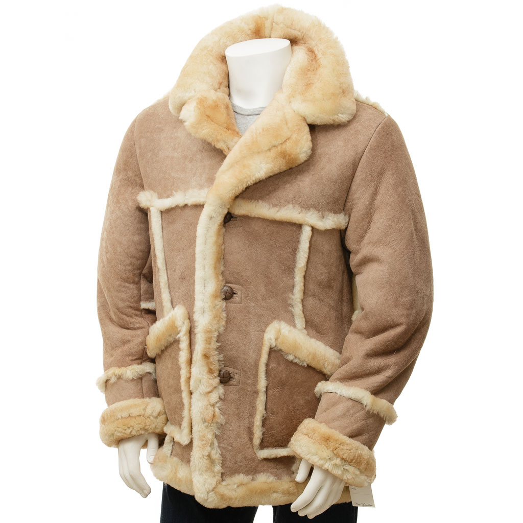 MEN'S SAND SHEEPSKIN SHEARLING COAT: EATON-0