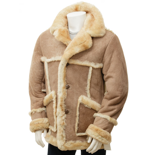 MEN'S SAND SHEEPSKIN SHEARLING COAT: EATON-0