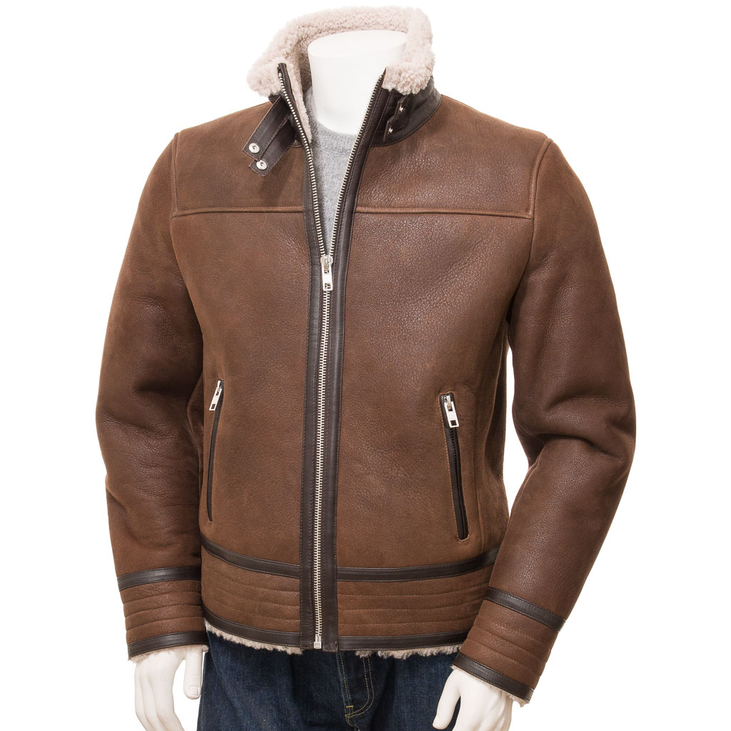 MEN'S BROWN SHEEPSKIN BIKER JACKET: EDEN-0