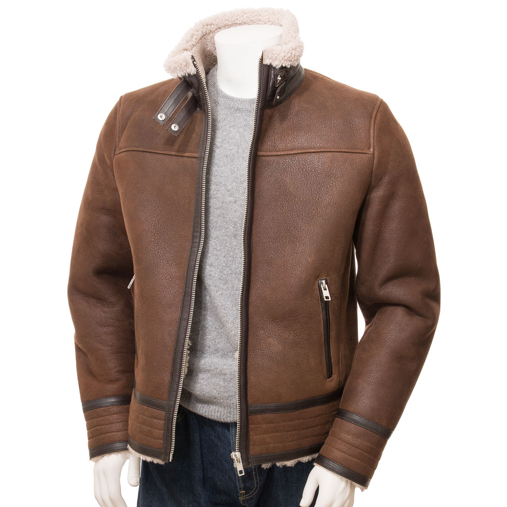 MEN'S BROWN SHEEPSKIN BIKER JACKET: EDEN-1