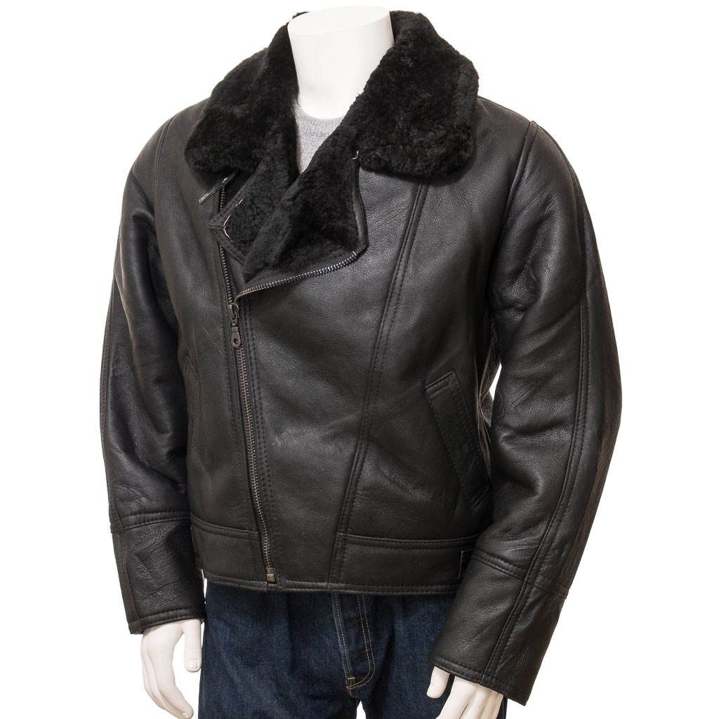 MEN'S BLACK SHEEPSKIN FLYING JACKET: FALLSBURG-0