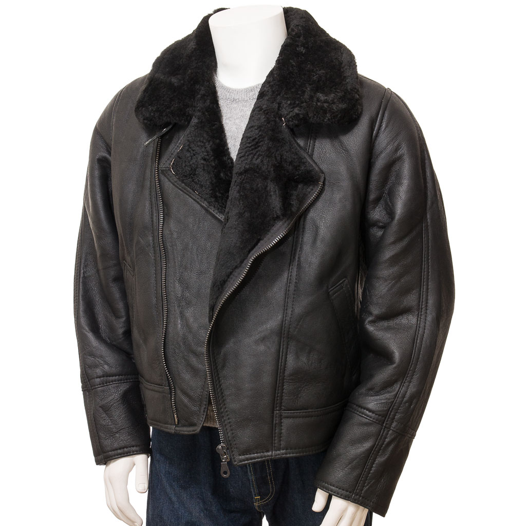 MEN'S BLACK SHEEPSKIN FLYING JACKET: FALLSBURG-1