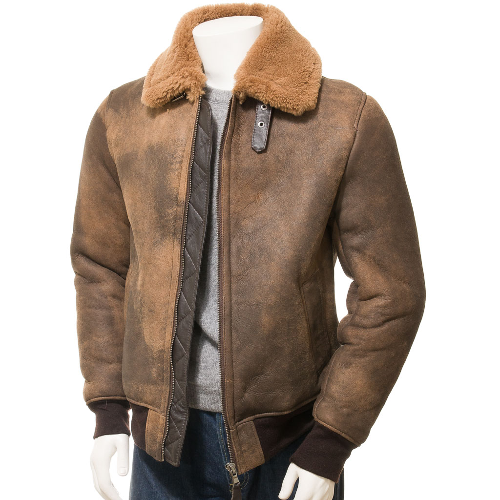 MEN'S BROWN SHEEPSKIN BOMBER JACKET: FENNER-1