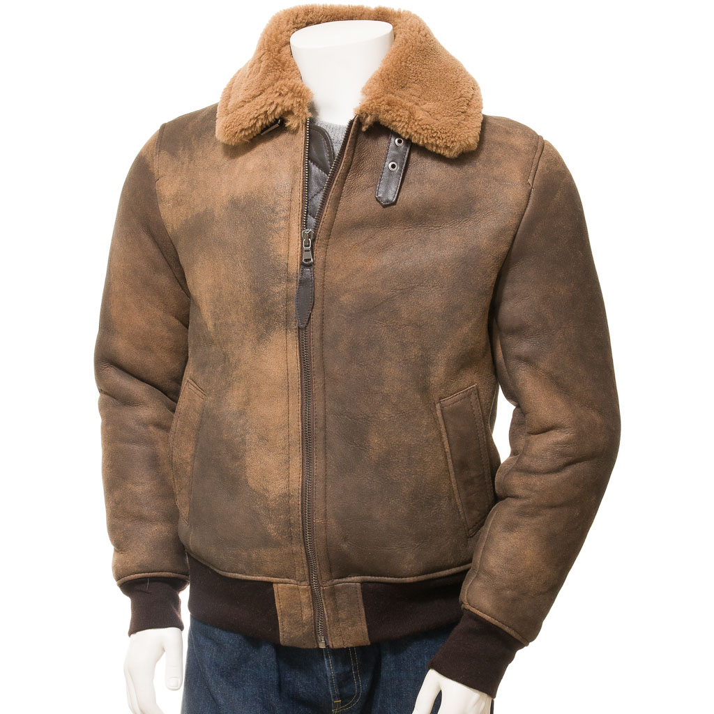 MEN'S BROWN SHEEPSKIN BOMBER JACKET: FENNER-0