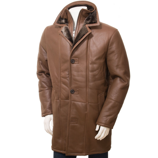 MEN'S BROWN SHEEPSKIN SHEARLING COAT: GALLATIN-0