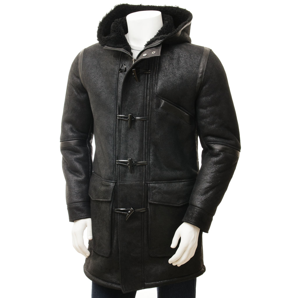 MEN'S BLACK SHEEPSKIN DUFFLE COAT: GALWAY-0