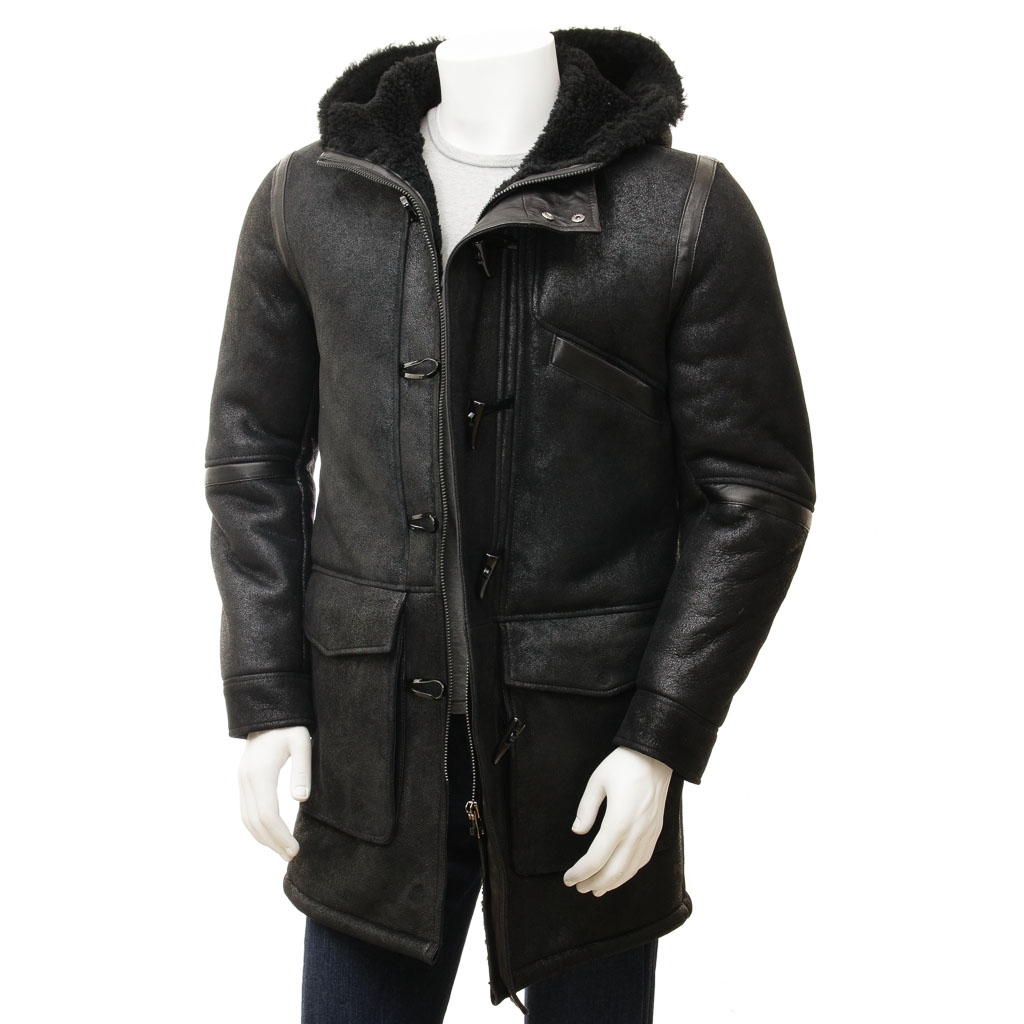 MEN'S BLACK SHEEPSKIN DUFFLE COAT: GALWAY-1