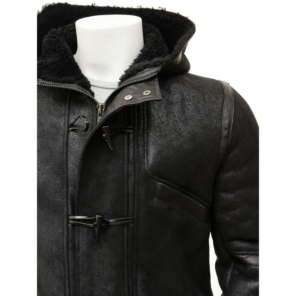 MEN'S BLACK SHEEPSKIN DUFFLE COAT: GALWAY-2